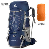 Sac à dos de camping bleu foncé 75L avec housse de pluie orange gratuite, vue de face