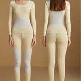 Ensemble de sous-vêtements thermiques beige pour femme, vue de face et de dos, zones renforcées