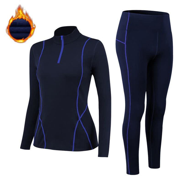 Ensemble bleu foncé de sous-vêtements thermiques pour femmes avec coutures bleues, parfait pour le ski