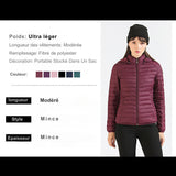 Femme portant une veste matelassée rouge, description du produit en texte