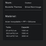 Fiche technique de la bouteille isotherme, acier inoxydable, disponible en trois tailles, noir, argent, rouge