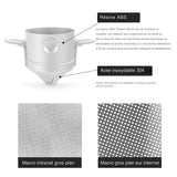 Filtre à café pliable blanc en acier inoxydable avec des détails techniques sur les matériaux et le maillage