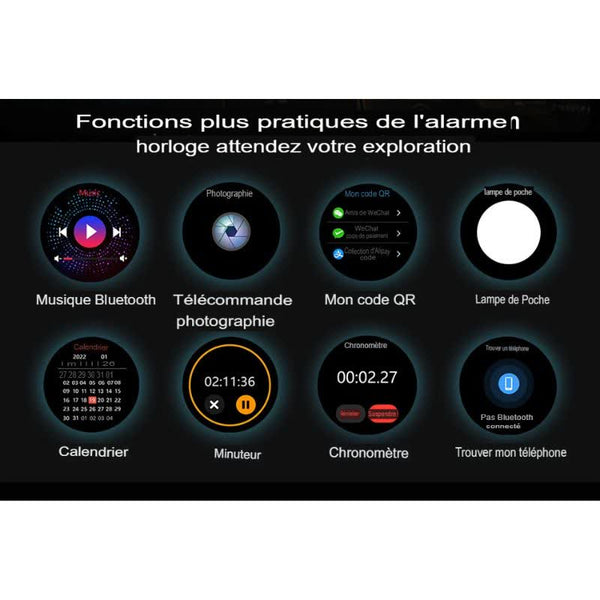 Fonctions pratiques de la montre connectée d'extérieur avec musique Bluetooth, télécommande photographie, code QR, lampe de poche, calendrier, minuteur, chronomètre et fonction trouver mon téléphone