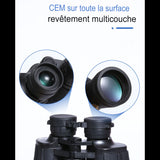 Gros plan sur les lentilles des jumelles avec revêtement multicouche, idéal pour une vision claire et nette