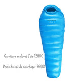 Sac de couchage en duvet d'oie bleu avec 1200G de garniture, poids total 1760G