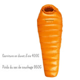 Sac de couchage en duvet d'oie orange avec 400G de garniture, poids total 950G