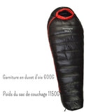 Sac de couchage en duvet d'oie noir avec 600G de garniture, poids total 1150G