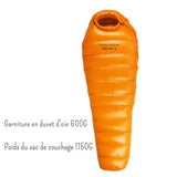 Sac de couchage en duvet d'oie orange avec 600G de garniture, poids total 1150G