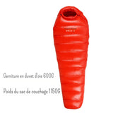 Sac de couchage en duvet d'oie rouge avec 600G de garniture, poids total 1150G