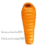 Sac de couchage en duvet d'oie orange avec 800G de garniture, poids total 1350G