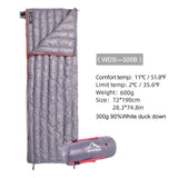 Sac de couchage en duvet gris modèle WDS-300B avec informations de température et taille