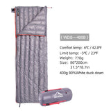 Sac de couchage en duvet gris modèle WDS-400B avec informations de température et taille