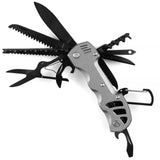 Couteau de survie gris en acier inoxydable avec multiples outils ouverts, pratique pour les activités extérieures