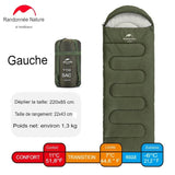 Sac de couchage vert Naturehike avec capuche, côté gauche, dimensions et poids affichés