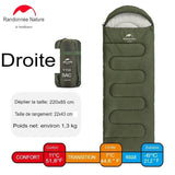 Sac de couchage vert Naturehike avec capuche, côté droit, dimensions et poids affichés
