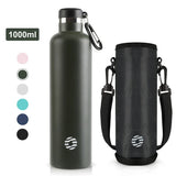 Bouteille thermos verte 1000 ml en inox avec étui et mousqueton pour activités extérieures