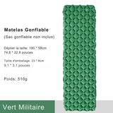 Matelas de camping gonflable vert militaire avec dimensions et poids, ultraléger et compact