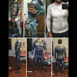 Hommes portant divers modèles de sous-vêtements de compression, motifs variés, vue de face et de dos