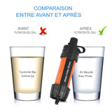 Homme utilisant une paille filtrante pour boire de l'eau directement d'une rivière