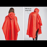 Imperméable rouge avec capuche et effet de sac arrière 80L, vue de dos et de côté, pour randonnée et extérieur