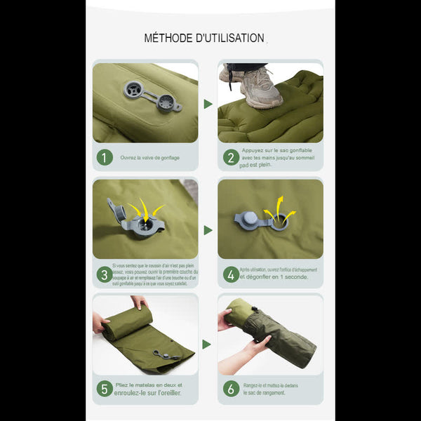 Instructions pour utiliser le matelas de camping gonflable, étapes de gonflage et rangement