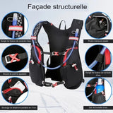 Intérieur du sac à dos avec multiples poches, sangles de fixation et boucle de poitrine ajustable