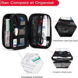 Kit de premiers secours compact et organisé avec poches de rangement et filets internes