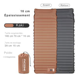 Matelas pneumatique autogonflant épais de 10 cm en kaki, vue avant et arrière