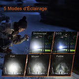 Lampe de poche Superfire X60-T montrant cinq modes d'éclairage stroboscope, SOS, fort, moyen, faible