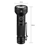 Lampe de poche étanche en métal noir avec dimensions indiquées de 42mm de diamètre et 128mm de longueur