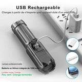 Lampe de poche rechargeable par USB, montrée en cours de chargement avec des indications de statut de charge