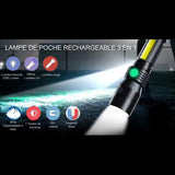 Lampe de poche rechargeable 3 en 1, lumière blanche, rouge et UV, base magnétique, étanche IPX4