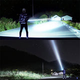 Lampe de poche projetant une lumière puissante sur une route et un champ la nuit