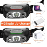 Lampe frontale rechargeable avec différentes méthodes de charge, pratique pour le camping
