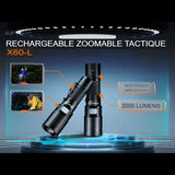 Lampe de poche rechargeable Superfire X60-L zoomable, 2000 lumens, haute puissance pour usage tactique