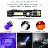 Lampe de poche 3 en 1 avec lumière UV, blanche et COB, idéale pour diverses utilisations