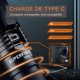 Lampe de poche Superfire X60-T avec chargeur USB de type C, conception rechargeable et forte compatibilité