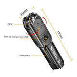 Lampe de poche avec dimensions et fonctionnalités détaillées, incluant un port de chargement USB