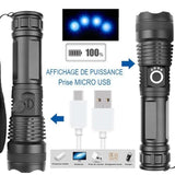 Lampe de poche XHP100 avec affichage de puissance et recharge par micro USB, adaptée aux aventures et urgences