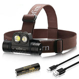 Lampe frontale LED Sofirn HS20 (6000-6500K) avec bandeau marron, batterie rechargeable et câble USB-C