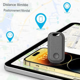 Localisateur de clés AIYATO noir sur écran de smartphone avec carte de positionnement mondial