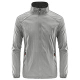 Veste de randonnée imperméable gris clair pour hommes, fermeture éclair frontale et col montant