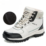Bottes de neige beige et noires pour femme, cuir imperméable et lacets robustes