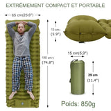 Matelas de camping ultraléger avec oreiller intégré, dimensions de 65x190 cm et épaisseur de 15 cm