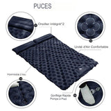 Matelas gonflable bleu marine avec oreiller intégré, détail des caractéristiques comme l'unité d'air confortable et le gonflage rapide