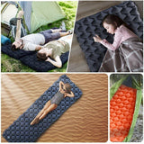 Matelas de camping gonflable avec des personnes allongées sous une tente, idéal pour la randonnée