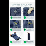 Méthode d'utilisation du matelas gonflable, montrant le gonflage, le pliage et le rangement du matelas
