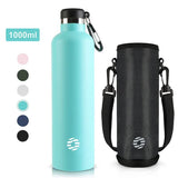 Bouteille thermos vert menthe 1000 ml en inox avec étui et mousqueton pratique