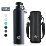 Bouteille thermos bleu marine 1000 ml en inox avec étui et mousqueton pour randonnée