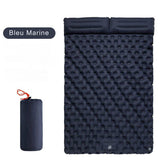 Matelas gonflable bleu marine avec oreiller intégré et sac de rangement pour randonnée et camping